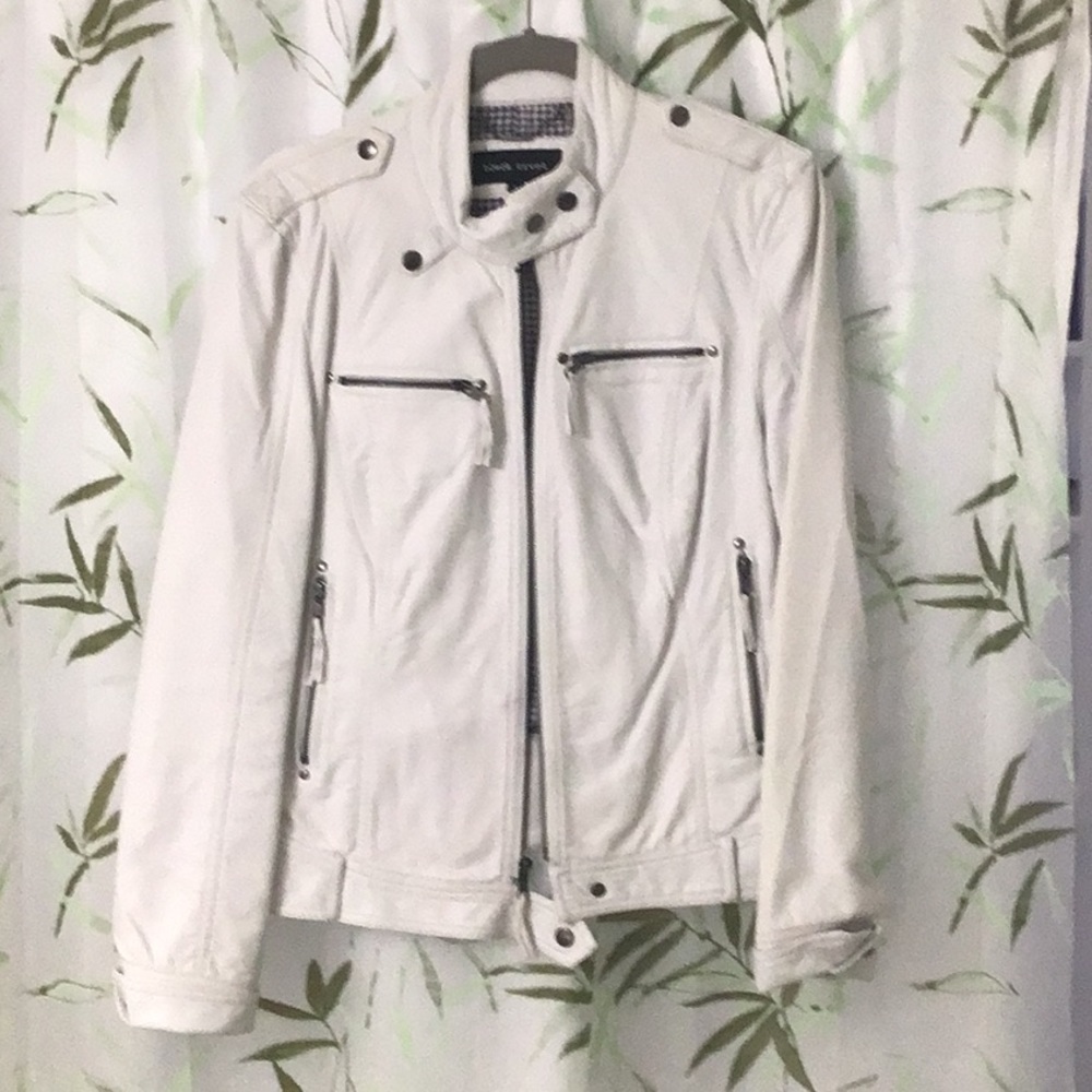 NWOT Black Rivit White Leather Look Jacket. Large. 100% Polyurethane, lined.